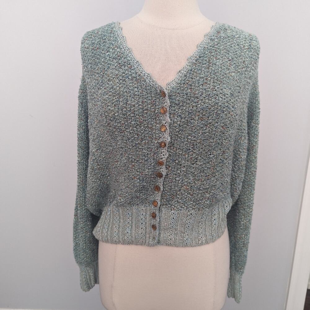 Vintage Women's Mint FINE POINTS LIZ TEKUS Sweater Gold Cardigan Boho Large - Picture 1 of 7